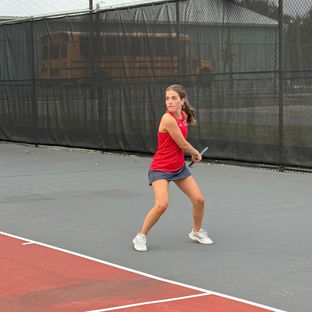 Tatum setting up for a two-handed backhand on the tennis court