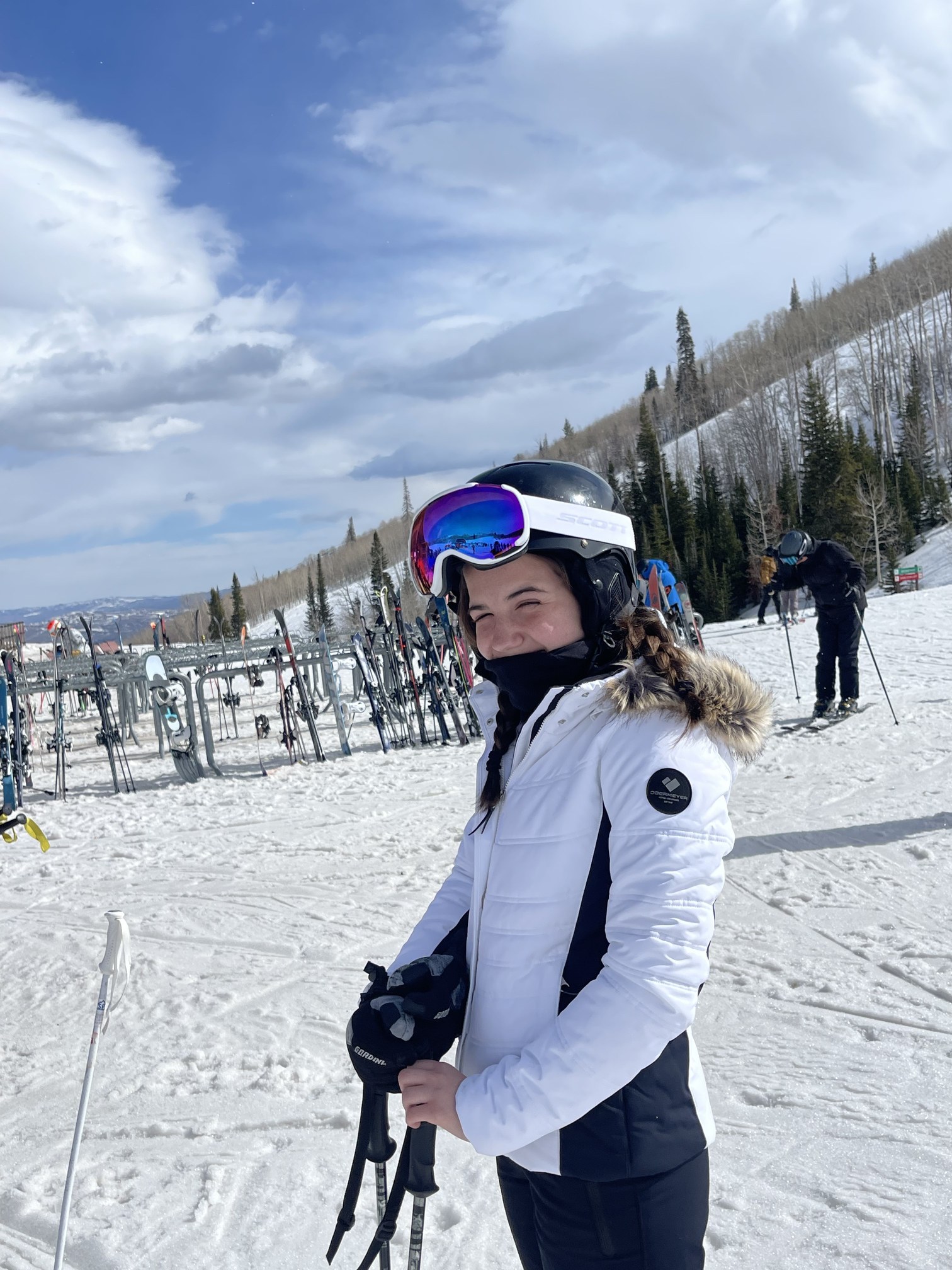 Tatum on the ski slope in her helmet and goggles